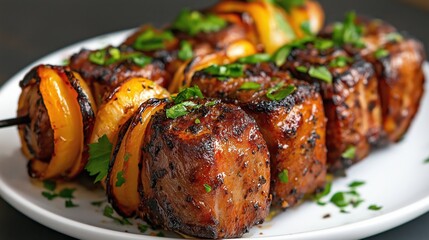 Grilled paprika peppers skewers with colorful onions and mushrooms ready to delight in a vibrant outdoor setting