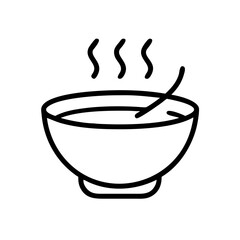 Simple and Minimalistic Line Art of Hot Soup in a Bowl with Steam Rising and a Spoon Inside for Culinary or Food-Related Designs