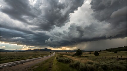Dramatic Overcast Sky with Heavy Grey Cloud Layers Over Rural Road and Flat Landscape