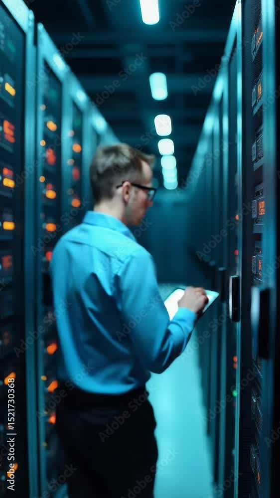 Aufkleber a technician works on a tablet in a server room setting