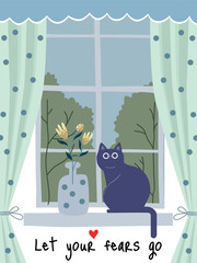 Illustration of a calm cat sitting on a windowsill beside a vase with flowers, framed by polka-dot curtains.