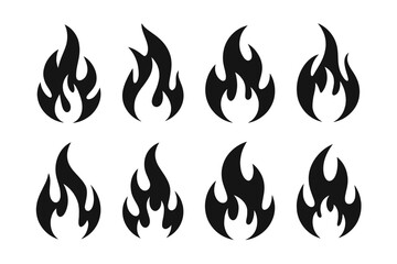 Collection of eight black flame icons on white background