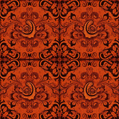Ornate floral pattern in shades of orange and black featuring repeating rose and leaf motifs in a tile grid created with generated ai