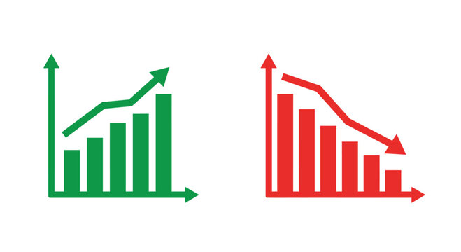 Graph going Up and Down sign with green and red arrows vector. Flat design vector illustration concept of sales bar chart symbol icon with arrow moving down and sales bar chart with arrow moving up.