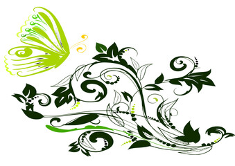 Decorative plant design illustration with a light green butterfly 