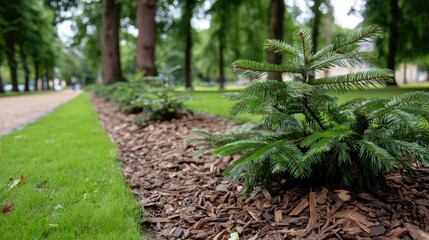 Lush green coniferous trees with wooden chips and brown mulch create a stunning garden landscape, enhancing outdoor aesthetics
