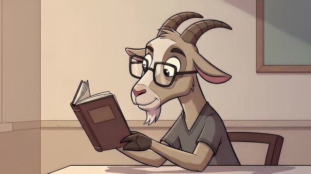 Cartoon goat reading book in closeup with thoughtful expression