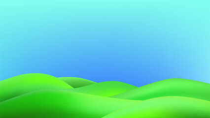 Obraz premium 3D landscape with green hills, mountains, and a textured grass field creates a playful eco friendly park scene.Childish vector illustration.