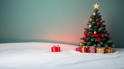 Festive decorated christmas tree surrounded by presents and snow in a winter wonderland scene