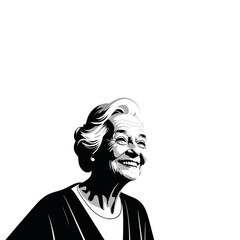 Black and white portrait of a laughing elderly woman symbolizing wisdom and joy of life on a transparent background