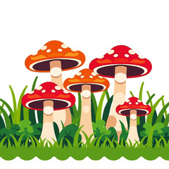 Cute Cartoon Mushrooms in a Field of Green Grass-Whimsical Mushroom Illustration for Children-Fantasy Forest Fungi Graphic-Nature Inspired Design