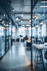 Modern Office Interior Featuring Large Glass Windows and Sleek Furniture in a Bright Workspace.