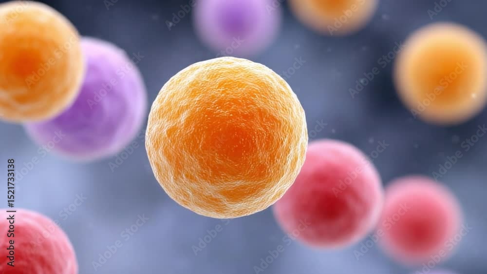 Poster Microscopic Cell Clusters: A vibrant cluster of colorful cells, each with a unique texture and hue, floats against a muted background in a microscopic view.