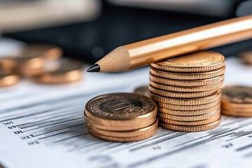 Close-up of coins and budgeting tools highlighting the significance of effective financial planning and saving strategies