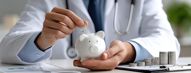 Dentist displays piggy bank and tooth while promoting financial health tips in a bright office setting, emphasizing patient education