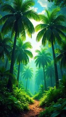 Obraz premium Dense palm trees create a lush, shady oasis under a bright, tropical sky Sunlight filters through the leaves, illuminating the forest floor , vibrant, date palms, shade