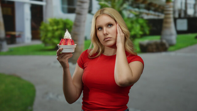Young woman outdoors holding ice cream with strawberries on a city street in a casual red shirt, looking contemplative amid palm trees and urban surroundings.