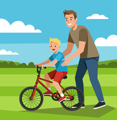 Father teaching son to ride bike outdoors. Happy family moment, dad supporting child learning to cycle.  Perfect image for Father's Day cards and advertisements promoting family activities.