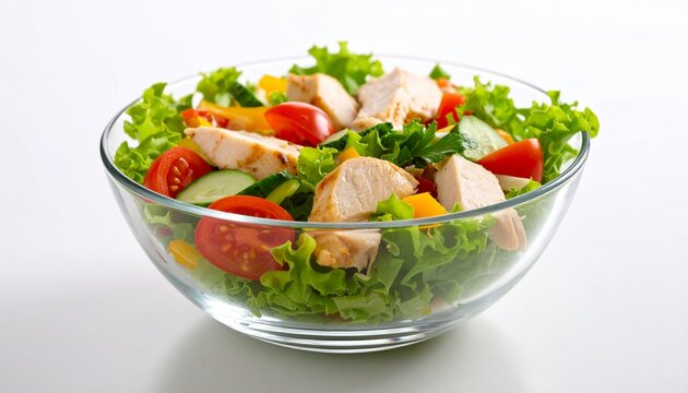 Fresh vegetable and chicken breast salad in a glass bowl