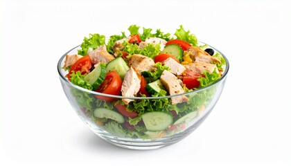 Fresh vegetable and chicken breast salad in a glass bowl