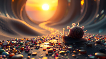 Surreal sunset scene featuring a whimsical snail and a path of colorful gems