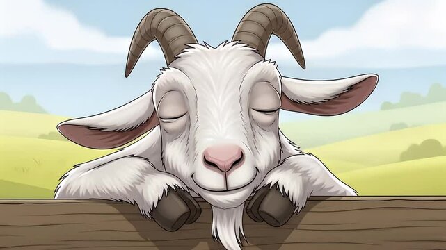 Sleepy cartoon goat closeup resting peacefully on fence at golden hour