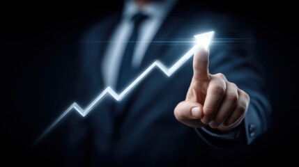 Businessman hand pointing at glowing data visualization