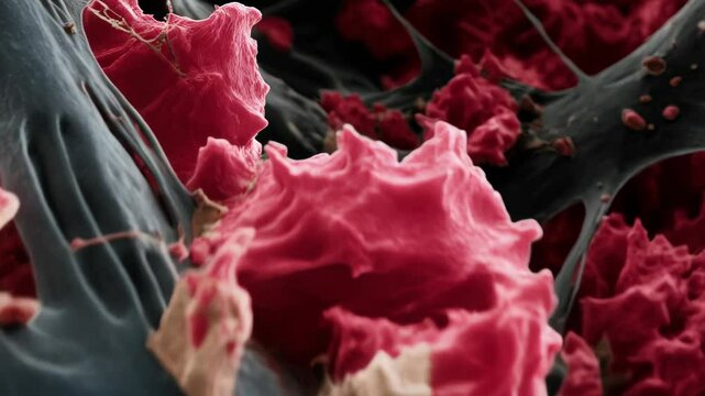 Scanning electron microscope view of fibrin meshwork and red blood cells involved in clot formation, blood components detail