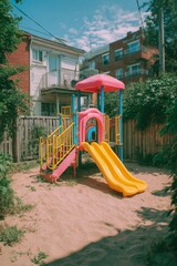 Colorful Playground With Slides and Climbing Frame in Urban Backyard During Sunny Day