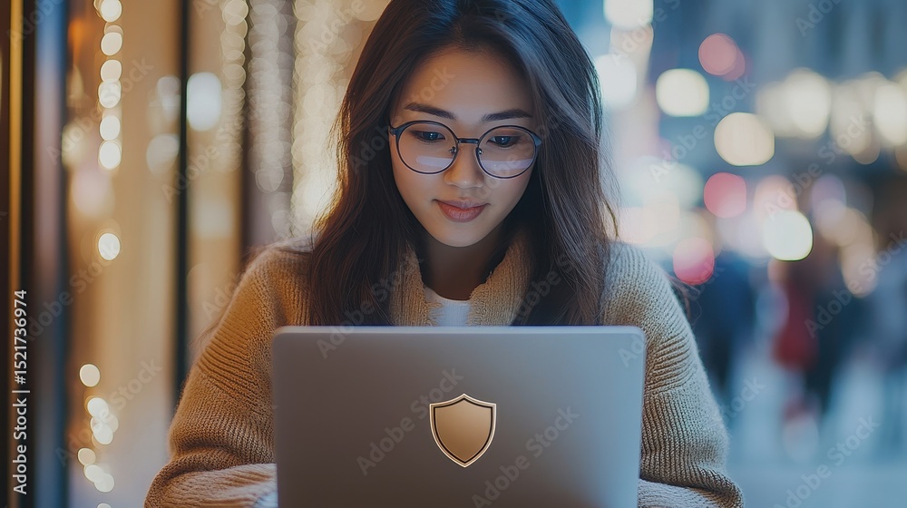Leinwandbilder Digital security interface displayed on a laptop screen in a futuristic environment with glowing data streams at night
