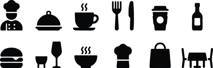 Food and beverage restaurant icon set in black silhouette style including utensils, drinks, meals, and chef elements