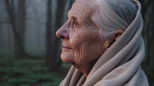 An elderly woman wrapped in a shawl stands peacefully in a misty forest at sunrise, gazing into the warm light with a serene, contemplative expression