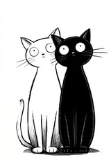 Simple black and white cat illustration showing two felines sitting together in minimalist line art style