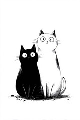 Simple black and white cat illustration showing two felines sitting together in minimalist line art style