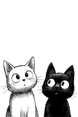 Simple black and white cat illustration showing two felines sitting together in minimalist line art style
