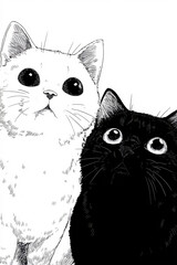 Simple black and white cat illustration showing two felines sitting together in minimalist line art style