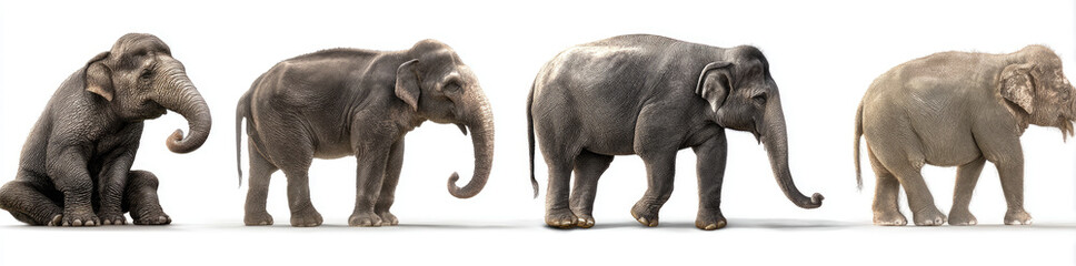 Fototapeta premium Four Asian Elephants in a Row Isolated on White Background