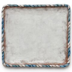 Handmade ceramic tile frame with decorative painted border in blue and white watercolor style. Artisan pottery square with ornate edge design creates rustic Mediterranean inspired accent piece