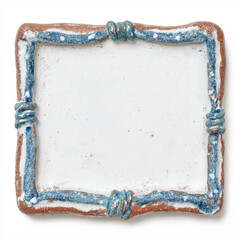 Handmade ceramic tile frame with decorative painted border in blue and white watercolor style. Artisan pottery square with ornate edge design creates rustic Mediterranean inspired accent piece