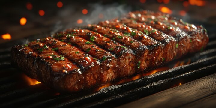 Grilled steak on a barbecue grill with smoke rising at an outdoor cooking event in the evening