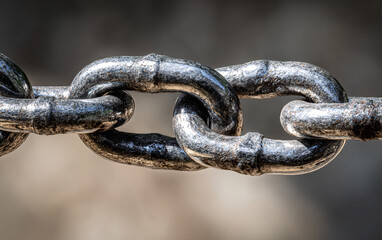 Heavy metal chain links with weathered surface showing rust and wear in close-up detail photography