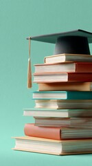 Graduation Cap Resting on a Stack of Colorful Books Symbolizing Academic Achievement