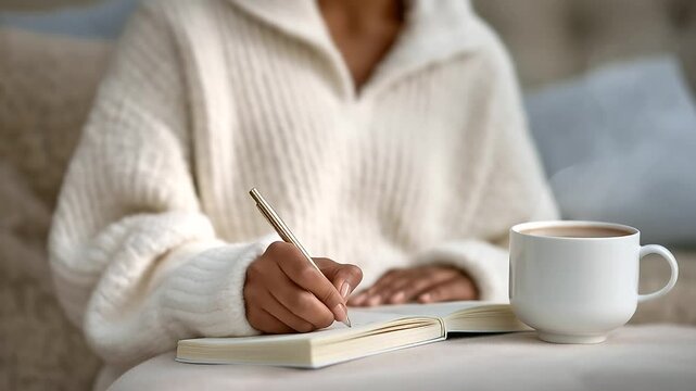 Cozy Bullet Journal Writing with Tea and Soft Lighting