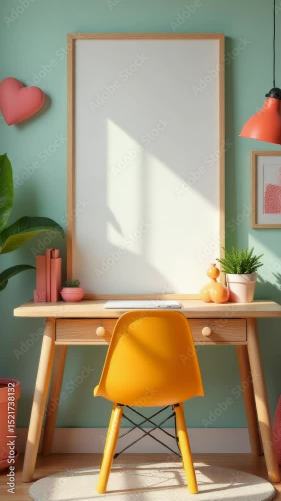 Poster a simple office setup with a desk, chair, and a picture frame