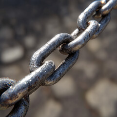 Heavy metal chain links with weathered surface showing rust and wear in close-up detail photography