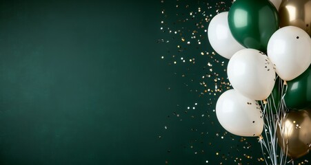 Colorful Balloons With Confetti on a Green Background Ready for Celebration and Festivities.