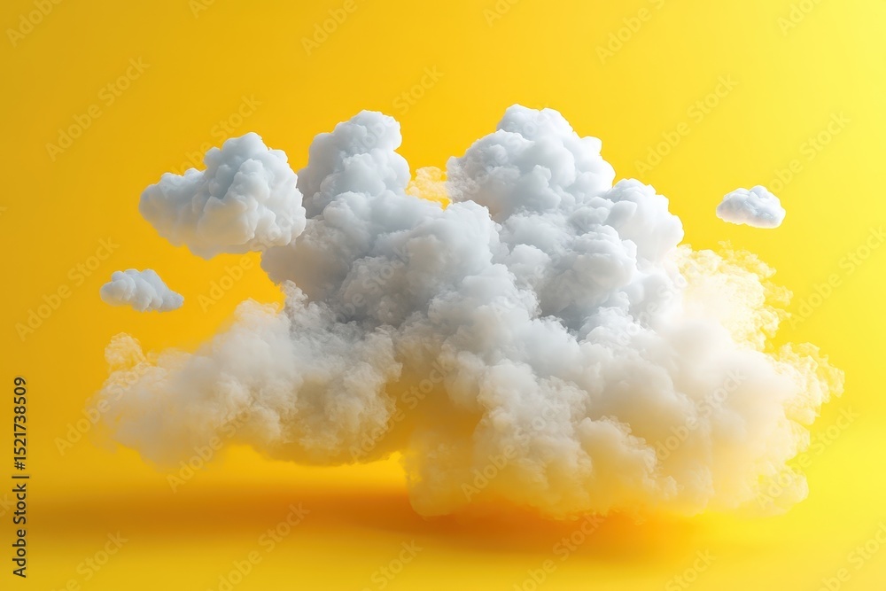 Poster bright yellow background contrasts with fluffy white clouds creating a dreamy and uplifting atmosphe