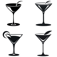 Martini Glass Silhouettes Set with Lemon and Olive Garnish on White Background