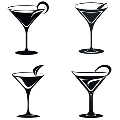 Four Black and White Martini Glass Icons with Various Garnishments and Design Styles