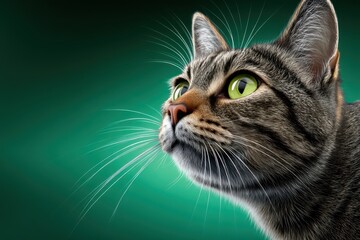 Curious feline gazes upward in a vibrant green backdrop capturing the essence of inquisitiveness and charm